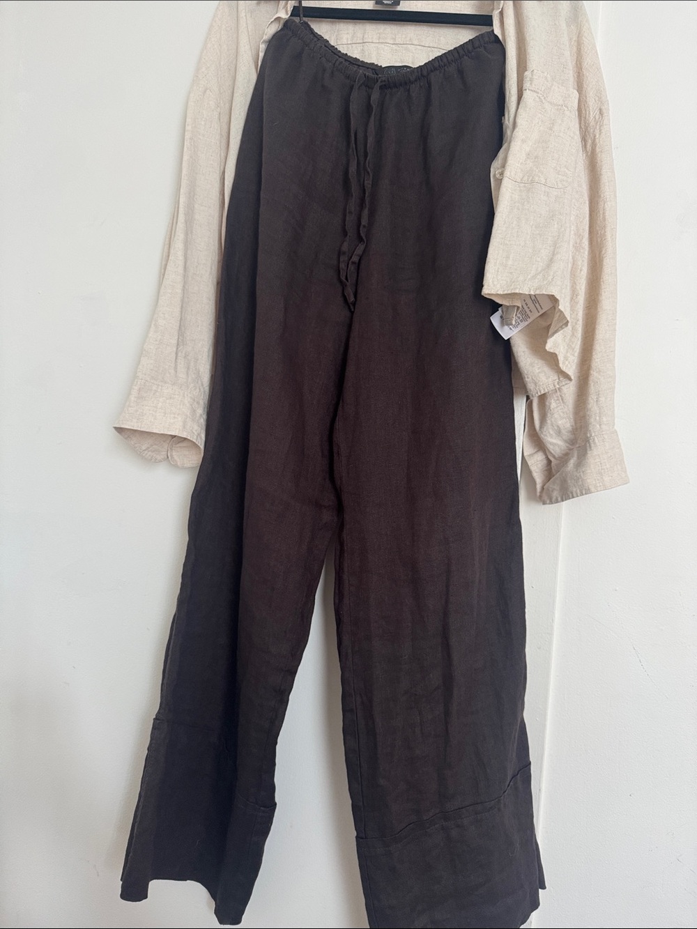 Pants Zara 100% Linen Wide-Leg Drawstring Trousers - Dark Brown - Size XS